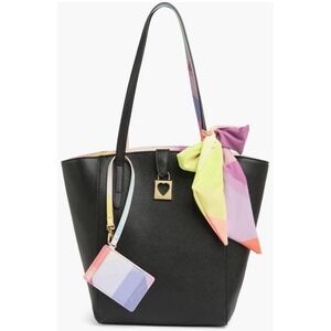 Betsey Johnson Black Tote Bag Heart Padlock Bow Pastel Geometric Floral Lining